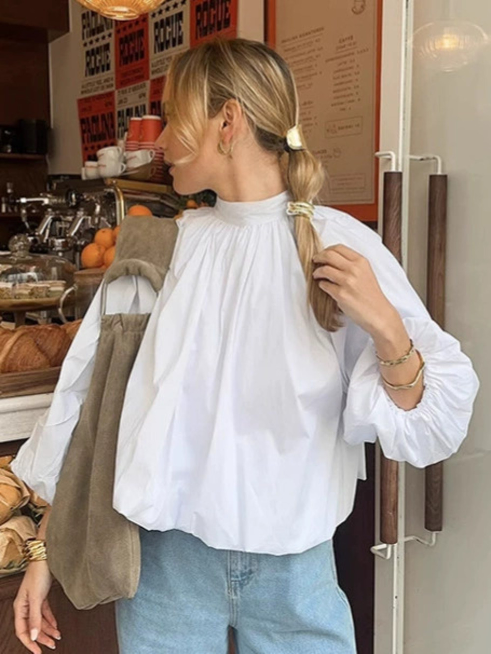 Forever 21 White Summer Work Round Neck Puff Sleeve Backless Tie Loose Blouse
